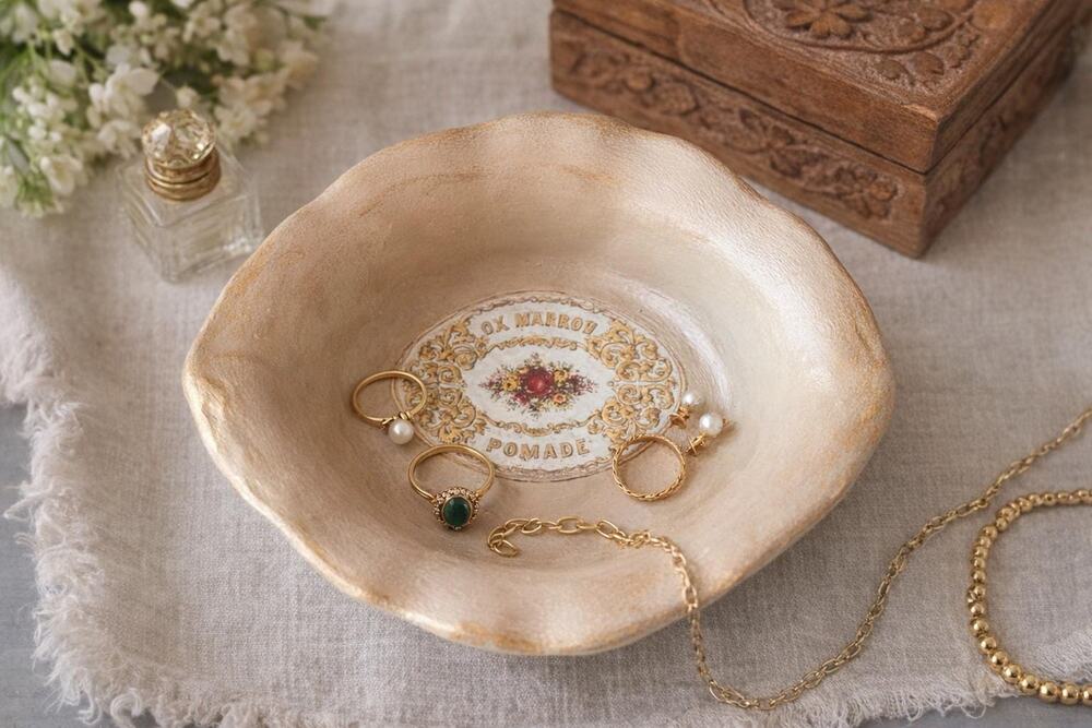 Vintage-Inspired Ceramic Jewelry Dish • Scalloped Trinket Bowl • Vanity Tray